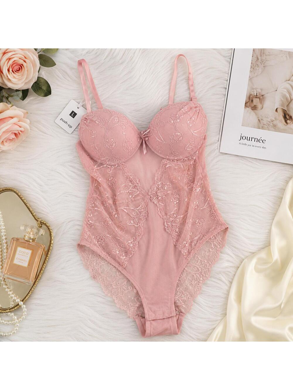 Blush Pink Lace Push-Up Bodysuit Teddy Lingerie Sheer Mesh One Piece Size L